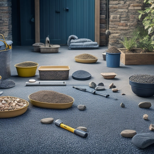 A tidy workshop backdrop with a dozen neatly arranged, high-quality paving tools: tamping rakes, joint spades, spirit levels, and plate compactors, with a few scattered pavers and pebbles in the foreground.