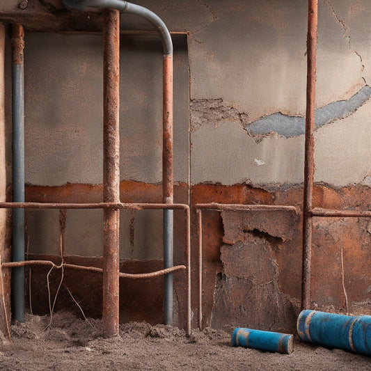 An image featuring a cracked foundation wall with water seepage, exposed pipes, and rusty rebar, set against a backdrop of a renovated home with a torn-off section of drywall revealing hidden structural damage.