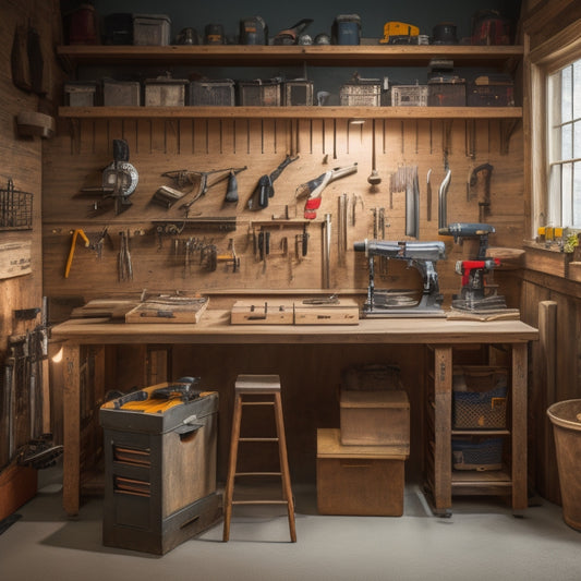 An organized garage workspace with a workbench, tool chest, and pegboard, surrounded by various renovation tools and materials, including a table saw, drill press, and stacks of lumber.