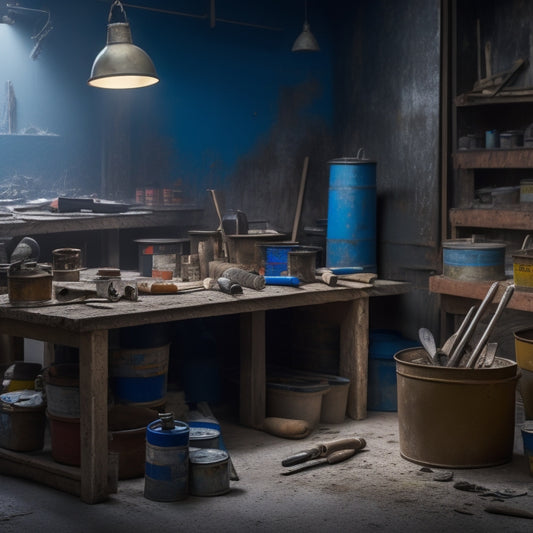 A cluttered, well-lit workshop bench with various trowels of different sizes and materials, scattered among half-opened paint cans, scattered renovation tools, and a faintly visible blueprint in the background.