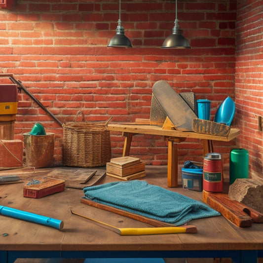 A tidy, well-organized workspace with a variety of brick laying tools, including a level, trowel, jointer, and hammer, arranged on a wooden table or scaffold, surrounded by bricks and mortar.