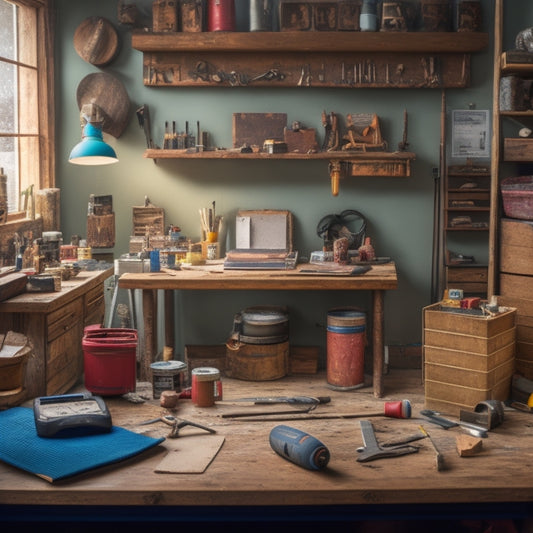 A cluttered but organized workspace with various DIY tools and materials, including a hammer, tape measure, level, paint cans, power drill, and a wooden workbench with scattered renovation plans.
