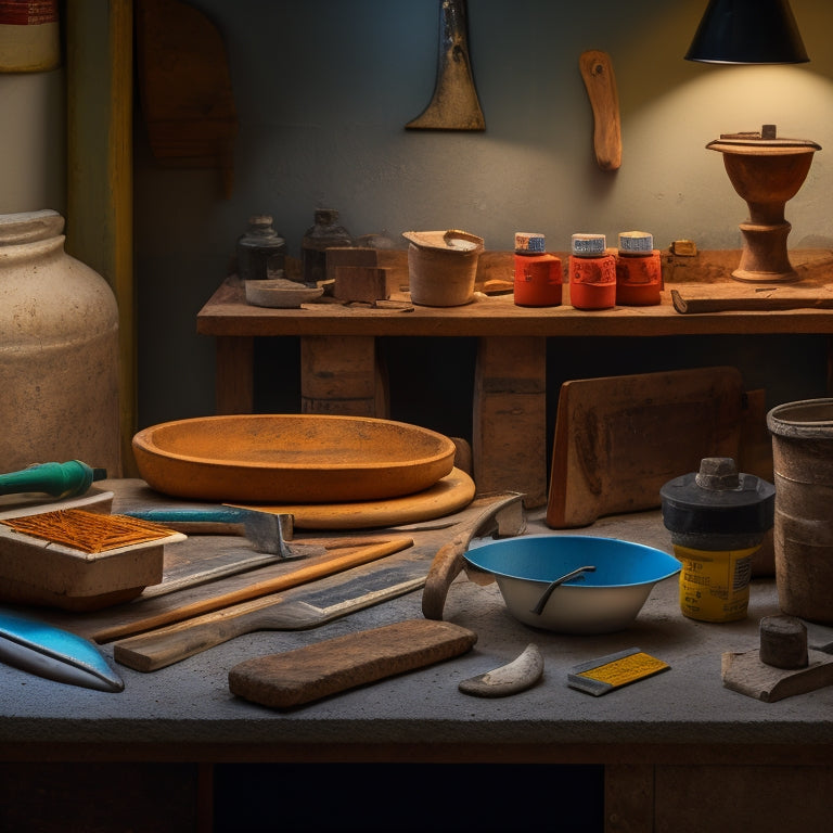 A well-lit, close-up photograph of a workbench with an assortment of plaster finishing tools, including putty knives, trowels, and sanding blocks, neatly arranged alongside a partially plastered wall.