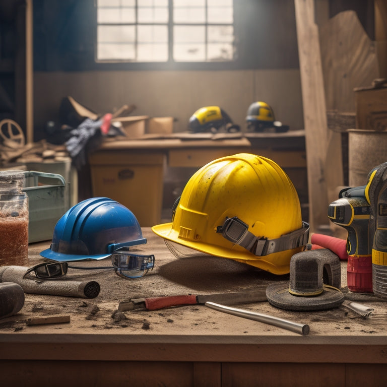 A cluttered renovation site with a toolbox, scattered power tools, and construction materials in the background, featuring a prominent hard hat, safety goggles, and a respirator mask in the foreground.