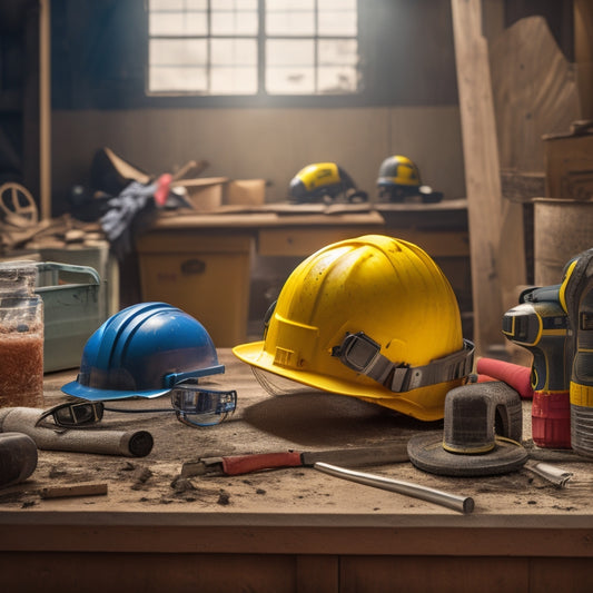 A cluttered renovation site with a toolbox, scattered power tools, and construction materials in the background, featuring a prominent hard hat, safety goggles, and a respirator mask in the foreground.