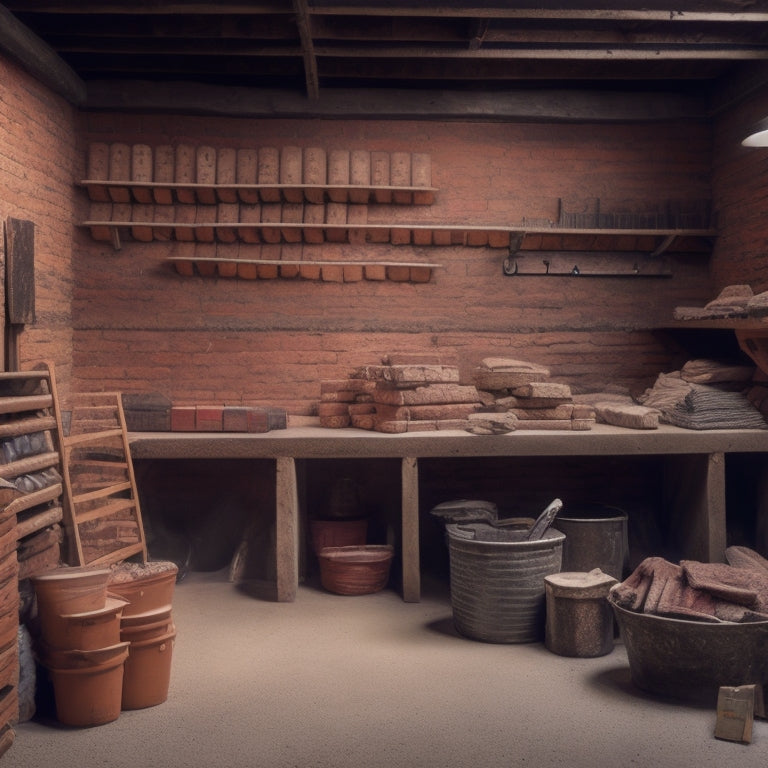 A photograph of a well-organized masonry supply storage area, featuring neatly stacked bricks, bags of mortar mix, and rows of trowels, levels, and jointers on a wooden workbench.