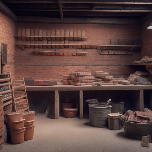 A photograph of a well-organized masonry supply storage area, featuring neatly stacked bricks, bags of mortar mix, and rows of trowels, levels, and jointers on a wooden workbench.
