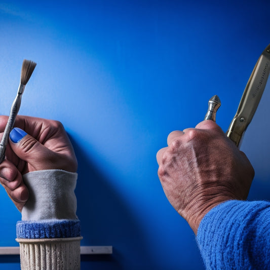 A close-up of a painter's hands holding an ergonomic paintbrush and a traditional one, with a subtle background of a half-painted wall, showcasing the comfort and grip differences between the two tools.