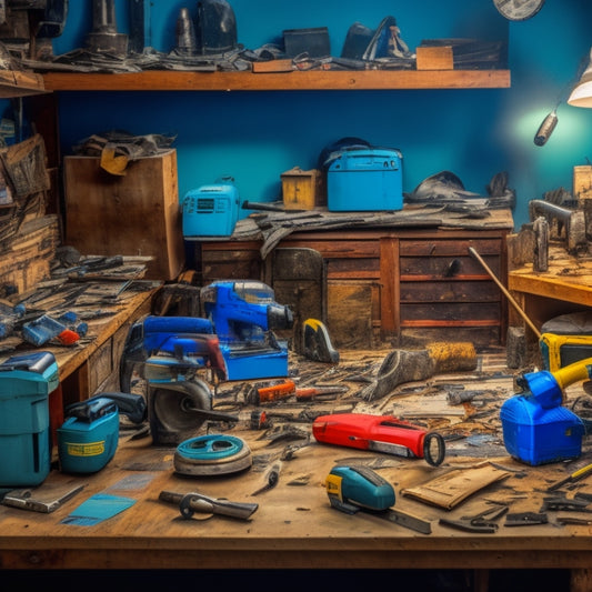 A cluttered workshop with various renovation tools scattered around, including a circular saw, drill press, and impact driver, with torn packaging and price tags strewn about, surrounded by scattered blueprints and calculators.