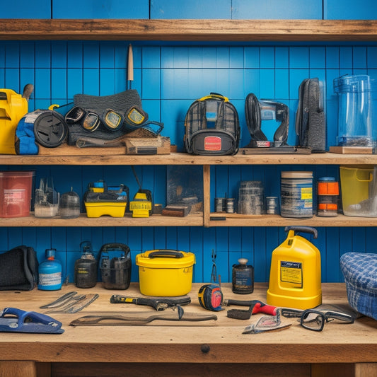 A clutter-free workshop with a variety of finishing tools (e.g. sanders, saws, drills) organized on a pegboard, surrounded by safety gear (goggles, ear protection, gloves) and a first aid kit.