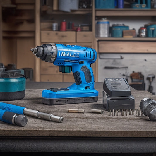 A partially disassembled cordless drill on a cluttered workbench surrounded by scattered screws, drill bits, and a torn maintenance calendar, with a faint grid of scheduled dates in the background.