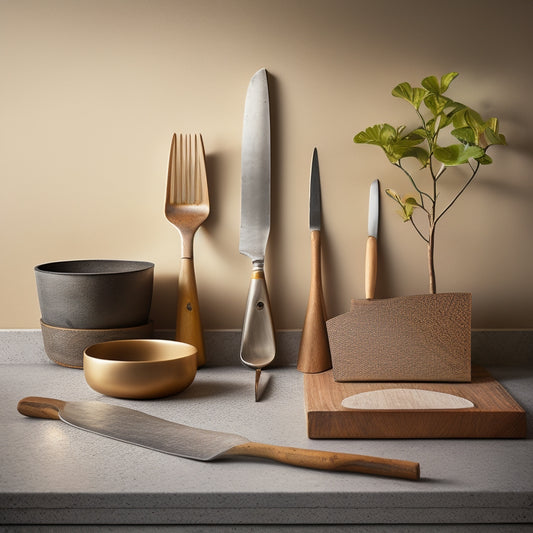 A neatly arranged still life of five to seven high-quality trowels of varying sizes and materials, surrounded by subtle hints of a home renovation site, such as a faintly visible tile or wooden plank.