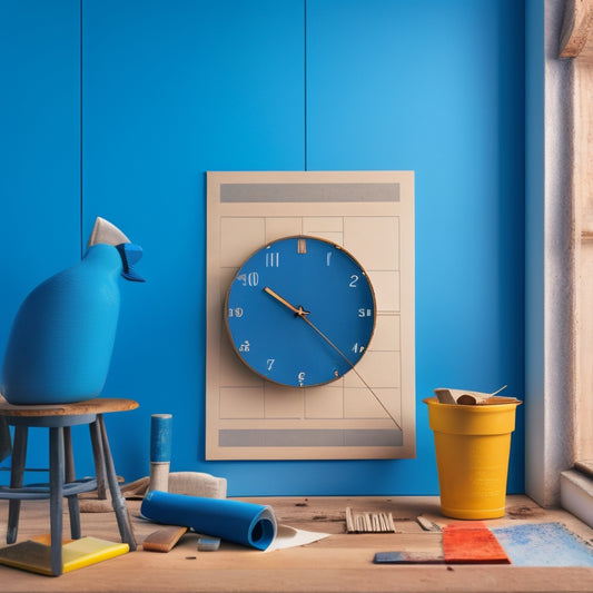 A minimalist illustration of a person holding a blueprint, surrounded by scattered renovation materials like hammers, paint swatches, and a clock, with a subtle background of a partially renovated room.