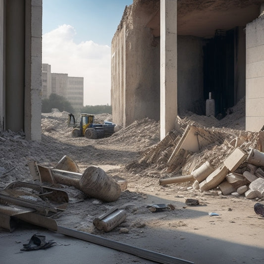A messy construction site with scattered concrete debris, a partially demolished wall, and several concrete saws of varying sizes and types (e.g. circular, reciprocating, and walk-behind) in the foreground.