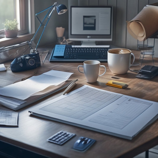 A tidy, modern desk with a rolled-out blueprint, a cup of steaming coffee, and a calculator surrounded by scattered papers, pencils, and a laptop with an open spreadsheet.