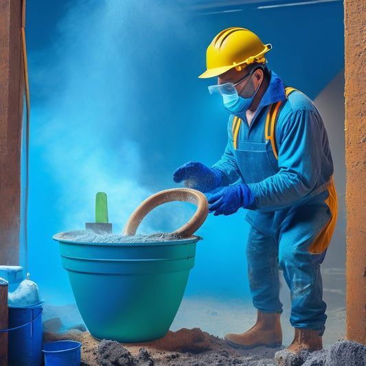 An illustration of a person wearing safety goggles, gloves, and a dust mask, standing in a well-ventilated area, carefully pouring a mixture into a bucket, with a ladder and renovation tools in the background.