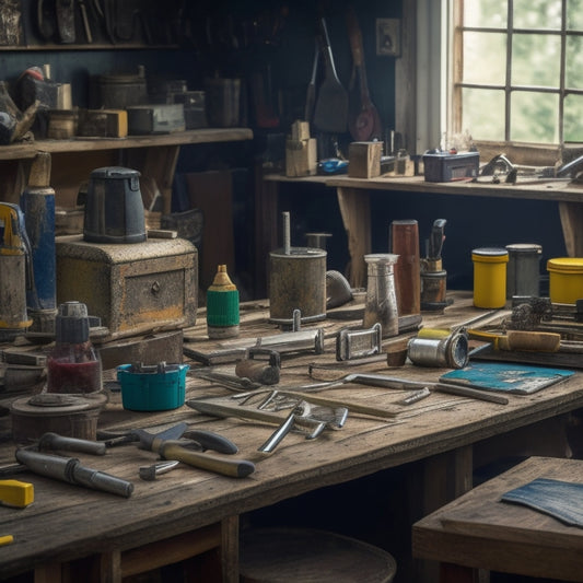 A cluttered workbench with various DIY home renovation tools scattered across it, including a cordless drill, tape measure, level, hammer, and toolbox in the background.