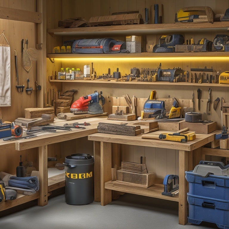 An organized workbench with a cordless drill, impact driver, level, tape measure, and miter saw, surrounded by partially built wooden shelves and scattered renovation materials like screws and wood chips.