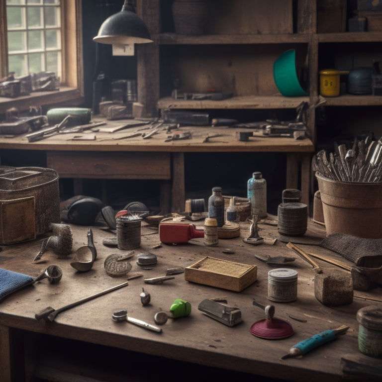 A cluttered workshop table with various scratch awls of different shapes and sizes, surrounded by DIY renovation tools and materials, with a subtle background of a half-renovated room.