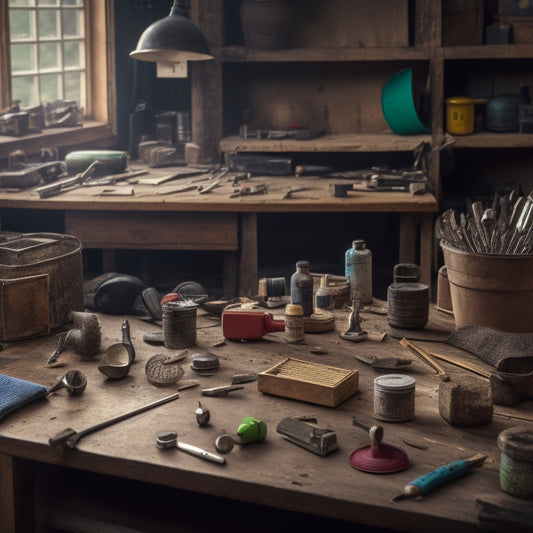 A cluttered workshop table with various scratch awls of different shapes and sizes, surrounded by DIY renovation tools and materials, with a subtle background of a half-renovated room.
