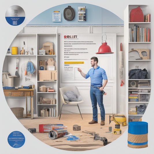An illustration of a person standing in a renovated room, surrounded by labeled icons of tools and materials, with certain items (e.g., drill, hammer) highlighted in a "rent" bubble, and others (e.g., level, tape measure) in a "buy" bubble.