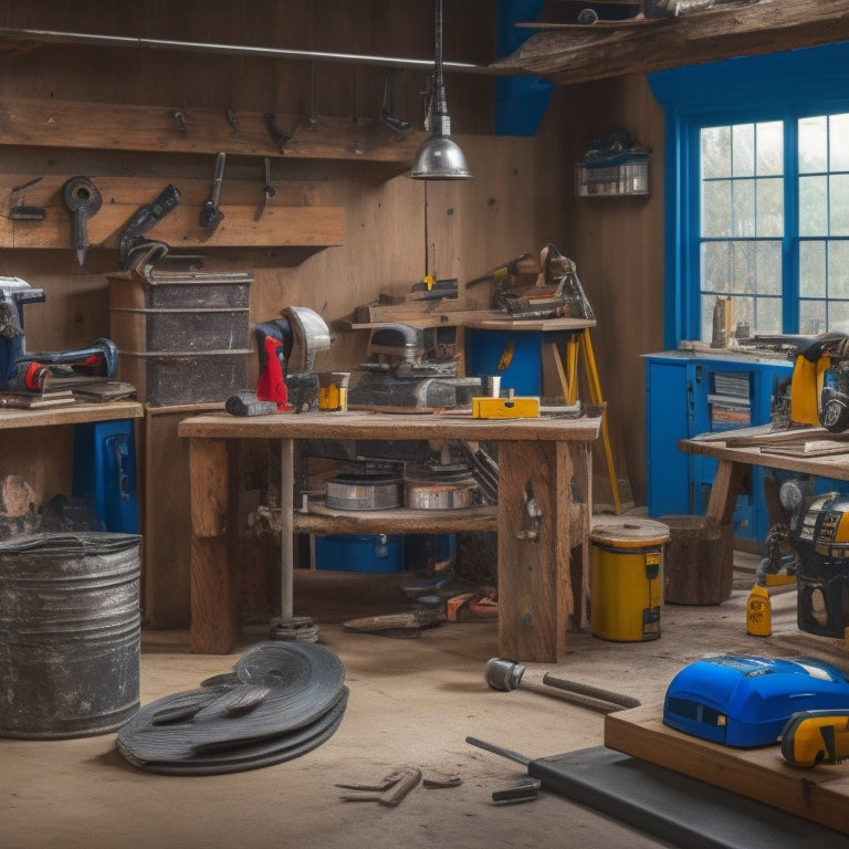 A cluttered but organized DIY workshop with various tools and materials, including a circular saw, drill press, and level, surrounded by wooden planks, paint cans, and a half-renovated wall in the background.