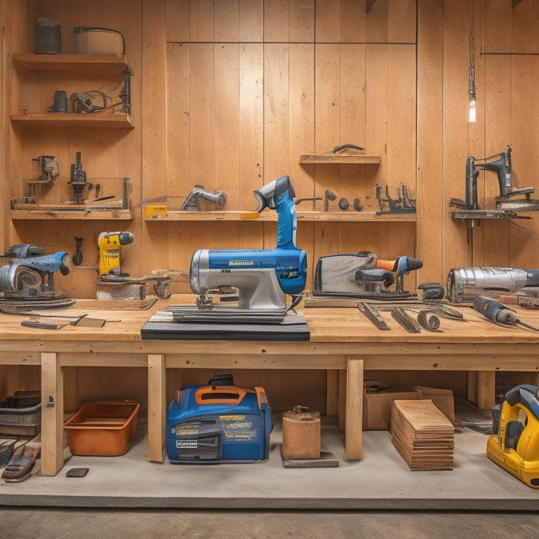 A well-organized workshop with a variety of power tools, including a drill press, circular saw, and impact driver, surrounded by drywall sheets, joint compound, and sandpaper, on a clutter-free wooden workbench.