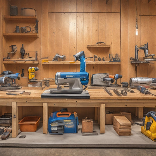 A well-organized workshop with a variety of power tools, including a drill press, circular saw, and impact driver, surrounded by drywall sheets, joint compound, and sandpaper, on a clutter-free wooden workbench.