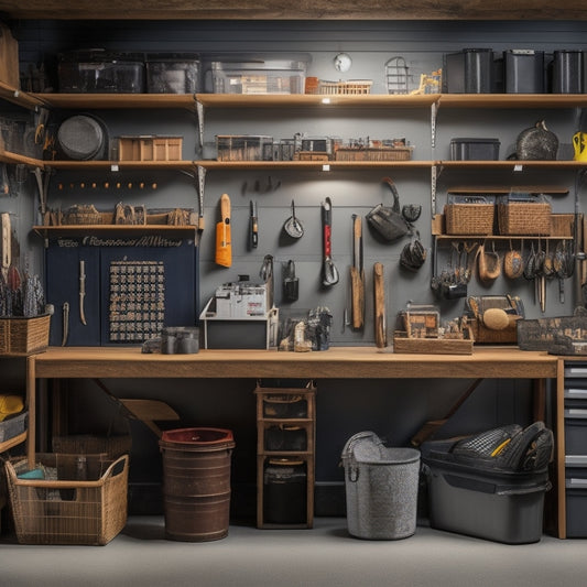 A tidy, well-lit garage with a pegboard on the wall, holding various tools and accessories, surrounded by labeled bins, baskets, and hooks, showcasing organized tool storage solutions.