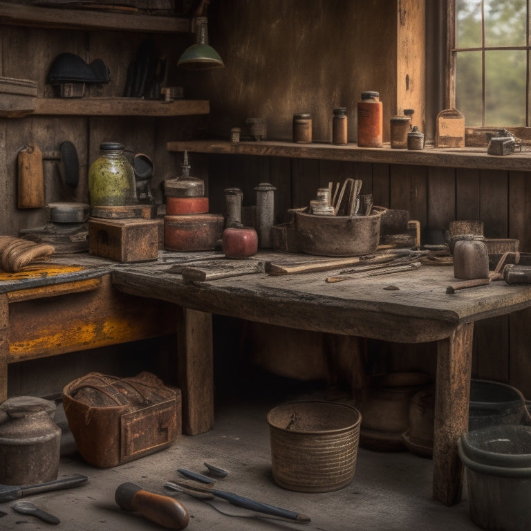 A cluttered, rustic workbench with an assortment of worn, metallic tools and weathered wooden handles, surrounded by scattered renovation materials and partially completed exterior wall finishing projects.