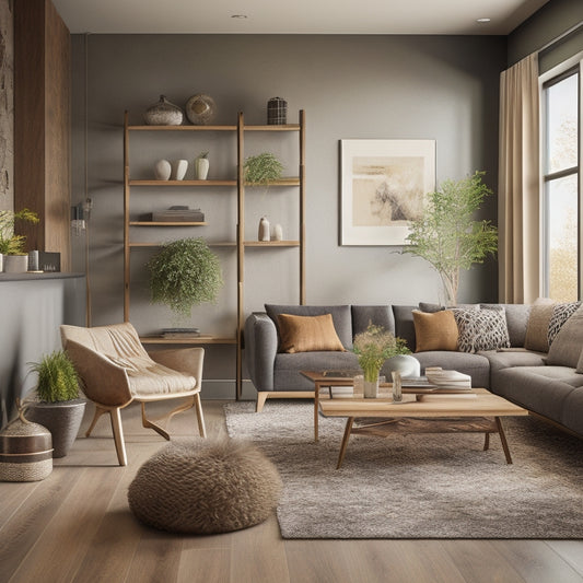 An interior design concept featuring a modern living room with various textures and materials, including reclaimed wood accent walls, polished concrete flooring, and sleek metal accents, amidst a warm, natural color palette.