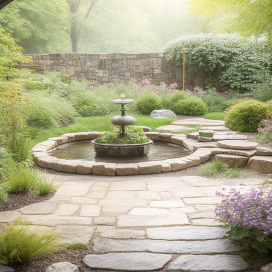 A serene garden setting with a renovated patio, lush greenery, vibrant flowers, and a small pond, surrounded by natural stone walls and wooden accents, with a subtle morning mist effect.