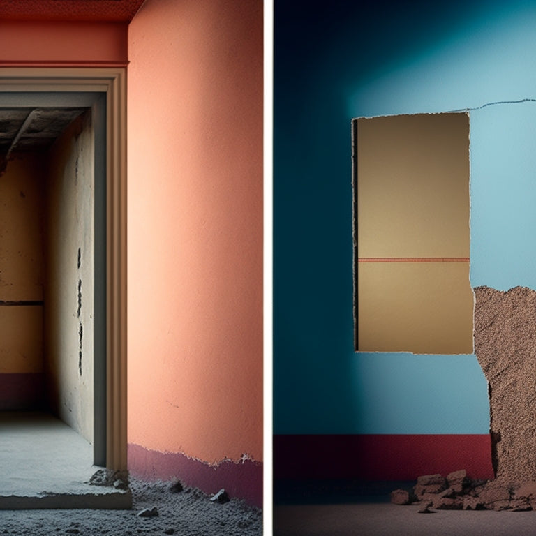 A split-screen illustration showing a messy, cracked wall on the left and a smooth, newly plastered wall on the right, with a faint grid of days/months in the background.