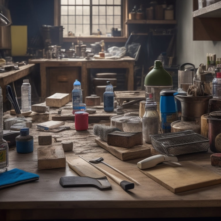 A cluttered workshop table with various renovation tools and materials, featuring a centralized, organized Pro-Grade Block Cleaning Tool Kit with brushes, scrapers, and cleaning solutions, amidst a backdrop of renovation chaos.