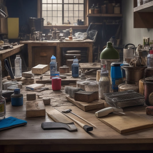 A cluttered workshop table with various renovation tools and materials, featuring a centralized, organized Pro-Grade Block Cleaning Tool Kit with brushes, scrapers, and cleaning solutions, amidst a backdrop of renovation chaos.