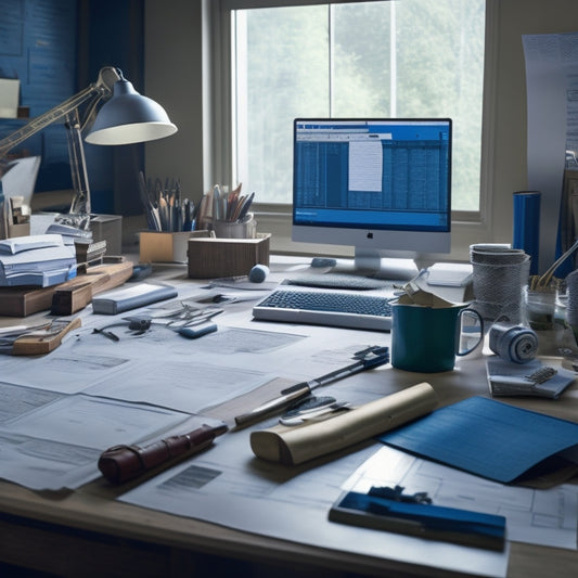 A cluttered home office with scattered blueprints, construction hats, and laptops, featuring a large, open Excel spreadsheet on the screen with a partially completed project timeline.