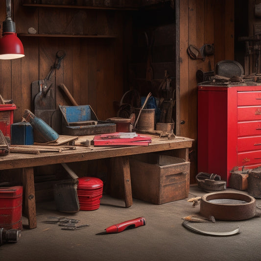 A cluttered workshop background with scattered tools, a half-built wall, and a measuring tape draped over a partially opened toolbox, with a red pencil and a clipboard lying nearby.