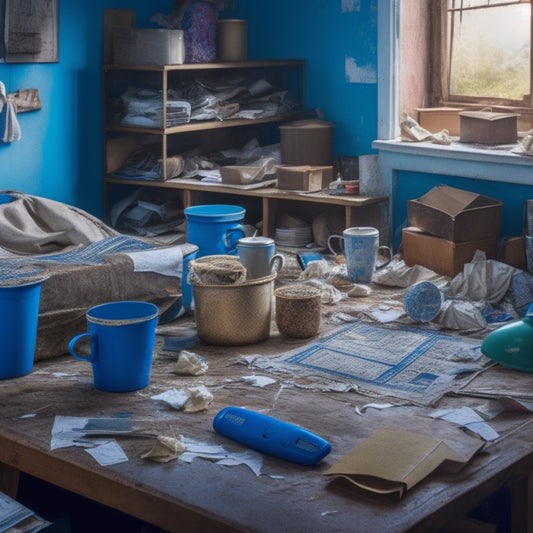 A cluttered room with torn wallpaper, scattered tools, and a half-demolished wall, with a crumpled blueprints and a broken calculator in the center, surrounded by scattered coffee cups and takeout containers.