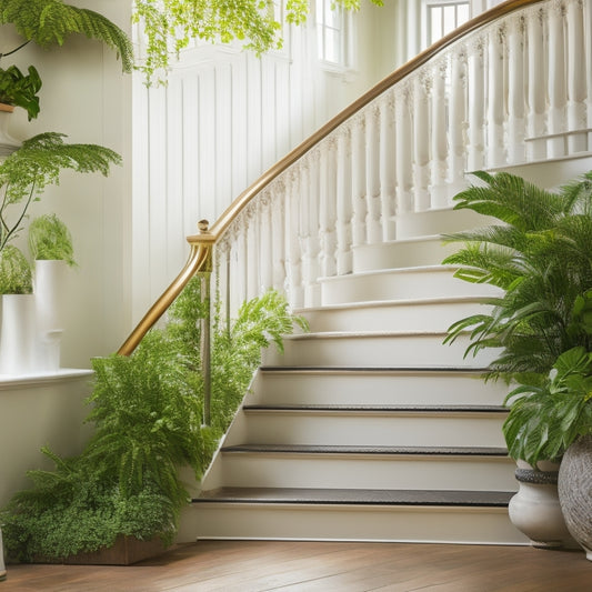 A beautifully renovated staircase with freshly painted steps in a warm, creamy white color, adorned with decorative iron railings and surrounded by lush greenery, set against a bright, natural light background.