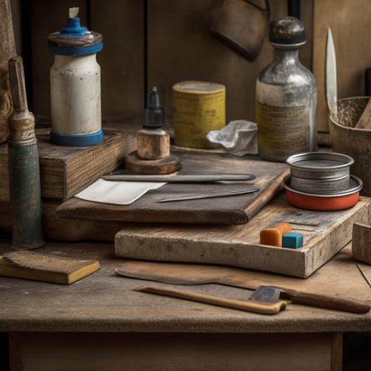 A cluttered workbench with a worn wooden ruler, rusty wire brush, and a crumpled up sandpaper sheet, alongside a neatly organized tray holding a putty knife, scraper, and a level, on a distressed wooden background.