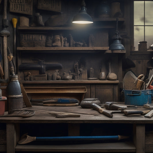 A cluttered workshop background with 10 distinct chiseling tools, each on a separate shelf or hook, with a subtle gradient of light to dark, showcasing the tools' varied shapes and sizes.