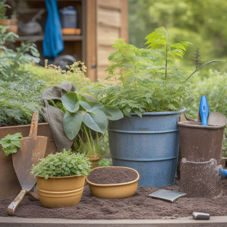 A cluttered, worn planter in the foreground, surrounded by scattered renovation tools, including a trowel, pruners, and a bag of potting soil, with a refurbished planter in the background, overflowing with lush greenery.