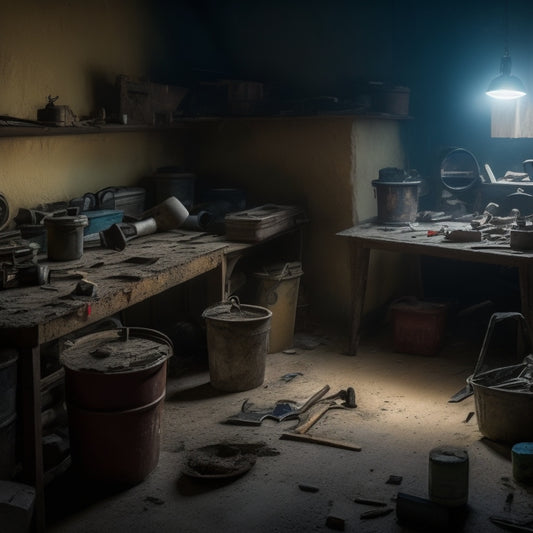 A cluttered, dimly lit room with cracked and crumbling plaster walls, surrounded by scattered tools and construction materials, with a faint outline of a toolbox in the corner, waiting to be organized.