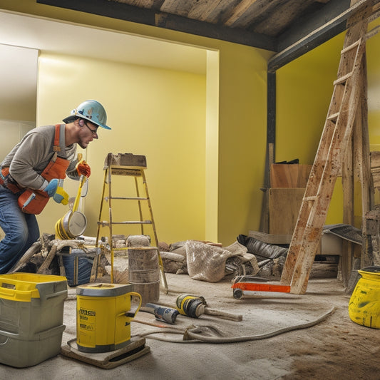 A cluttered home renovation site with a worker wearing a yellow hard hat, safety goggles, and a dust mask, surrounded by power tools, ladders, and caution tape.