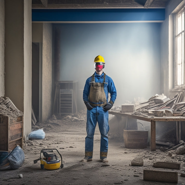 An image of a person wearing safety goggles, a dust mask, and gloves, standing in a room with a concrete floor, surrounded by renovation tools and a partially demolished wall.
