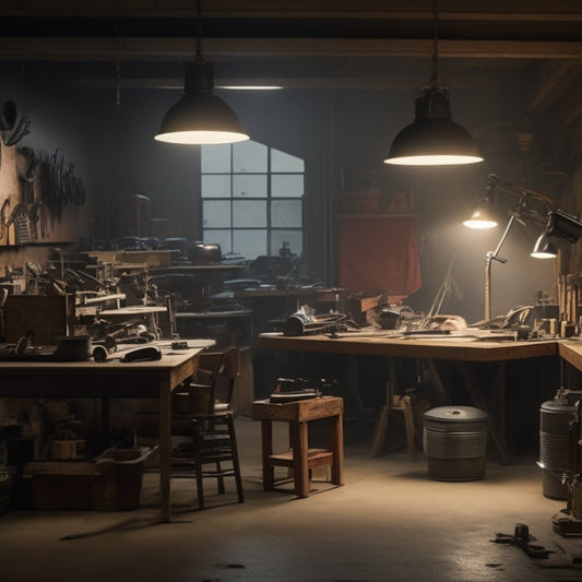 A cluttered, dimly lit workshop with scattered power tools and half-finished renovation projects, contrasted with a sleek, modern grinding machine in the center, surrounded by polished metal and wooden surfaces.
