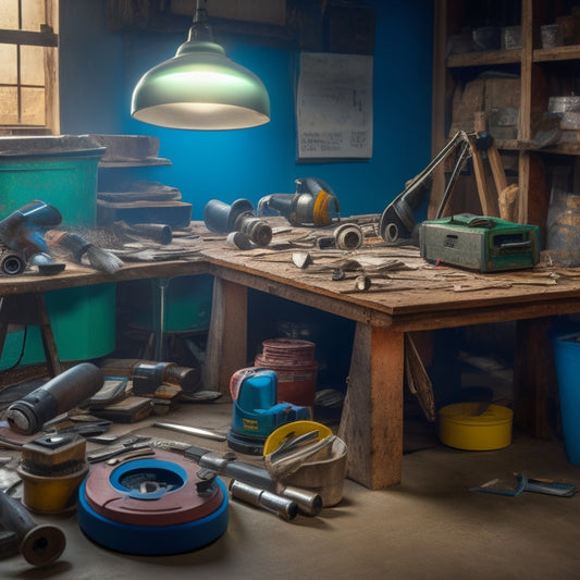A cluttered workshop table with various grinders, including an angle grinder, die grinder, and belt grinder, surrounded by scattered wall renovation tools and materials, with a partially renovated wall in the background.