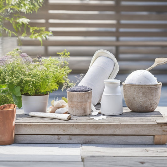 A rustic wooden planter with peeling white paint, surrounded by scattered DIY supplies like paint swatches, gardening gloves, and a hammer, set against a sunny backyard patio backdrop.