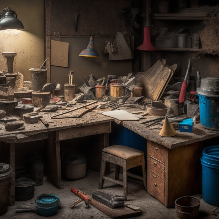 A cluttered workbench with a cracked wall in the background, featuring a variety of tools including a putty knife, trowel, caulk gun, and sandpaper, surrounded by dust and debris.