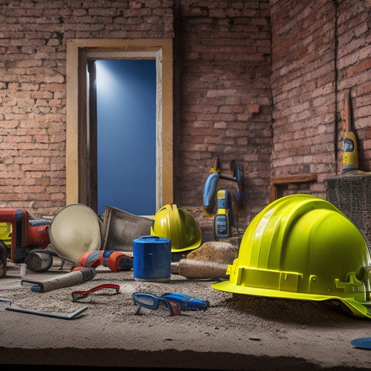 A cluttered construction site with a partially demolished brick wall, surrounded by scattered power tools, hard hats, and safety goggles, with a yellow hard hat and clipboard in the foreground.